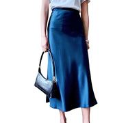 JACTZ Satinrock Frauen Satin Seidenrock Hohe Taille Büro Elegante Lange Basic Solid Midi A-Linie Sommer Röcke Für Frauen-Darkblue,M