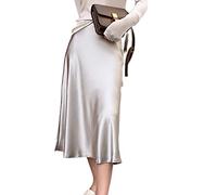 JACTZ Satinrock Frauen Satin Seidenrock Hohe Taille Büro Elegante Lange Basic Solid Midi A-Linie Sommer Röcke Für Frauen-Gray,S