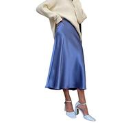 JACTZ Satinrock Frauen Seide Satin Rock Sommer Elegante Lange Röcke Hohe Taille A-Linie Schöne Gril Midi Rock-Blue,XL
