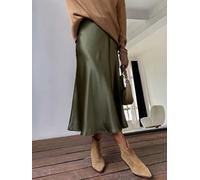 JACTZ Satinrock Frauen Seide Satin Rock Sommer Elegante Lange Röcke Hohe Taille A-Linie Schöne Gril Midi Rock-Olive Green,XL
