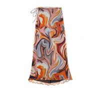 JACTZ Satinrock Frauen Vintage Graffiti Print Saum Rüschen Mesh Garn Midi Rock Weibliche Schicke Schnüre -Up Slim