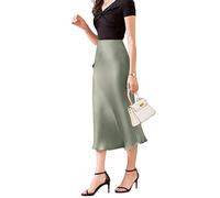 JACTZ Satinrock Seide Satin Röcke Für Frauen Sommer Hohe Taille A Linie Mittellanger Rock Klassischer Büro Glänzende Frauen Langer Rock-Green,XL