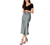 JACTZ Satinrock Seide Satin Röcke Für Frauen Sommer Hohe Taille A Linie Mittellanger Rock Klassischer Büro Glänzende Frauen Langer Rock-Blue,L