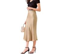 JACTZ Satinrock Seide Satin Röcke Für Frauen Sommer Hohe Taille A Linie Mittellanger Rock Klassischer Büro Glänzende Frauen Langer Rock-Gold,L