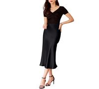 JACTZ Satinrock Seide Satin Röcke Für Frauen Sommer Hohe Taille A Linie Mittellanger Rock Klassischer Büro Glänzende Frauen Langer Rock-Black,S