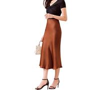 JACTZ Satinrock Seide Satin Röcke Für Frauen Sommer Hohe Taille A Linie Mittellanger Rock Klassischer Büro Glänzende Frauen Langer Rock-Caramel,M