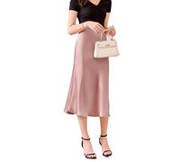 JACTZ Satinrock Seide Satin Röcke Für Frauen Sommer Hohe Taille A Linie Mittellanger Rock Klassischer Büro Glänzende Frauen Langer Rock-Pink,M
