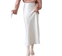 JACTZ Satinrock Sommer Frauen Seide Satin Rock Elegante Mitte Länge Gerade Weiß Rock Büro Dame Hohe Taille A Linie Wrap Rock-White,S