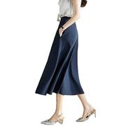 JACTZ Satinrock Sommer Seide Midi Röcke Damen Satin Büro Dame Einfache Solid Elegante Lange Röcke Damen-Deep Blue,3XL