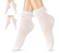 Jadive Rüschen Socken Dirndlsocken Rüschensöckchen mit Spitze Knöchelsocken Lolita Prinzessinnen Anzugsocken Herz Lochmuster Trachtensocken für Damen Cosplay Karneval Geschenk