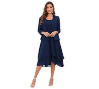 JAEDEN 2 Teiler Brautmutterkleider Damen Chiffon Formales Hochzeitsgast Kleid mit Jacke Marineblau 46