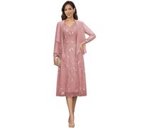 JAEDEN 2 Teiler Spitze Brautmutterkleider mit Bolero A-Linie Chiffon Hochzeitsgast Kleid Teelang Staubige Rose 46
