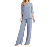 JAEDEN 2 Teilig Anzug für Brautmutter Schlicht Chiffon Hosenanzüge Festliche Hochzeit Gast Hosen Set Staubiges Blau 52