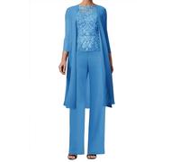 JAEDEN 3-Teilig Mutter der Braut Hosenanzug Spitze Brautmutterkleider mit Jacke Langarm Hochzeitsgast Kleid Elegant Abendanzug Set Meerblau 46