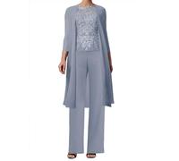 JAEDEN 3-Teilig Mutter der Braut Hosenanzug Spitze Brautmutterkleider mit Jacke Langarm Hochzeitsgast Kleid Elegant Abendanzug Set Staubiges Blau 46