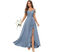 JAEDEN Abendkleider Damen Off Shoulder Brautjungfernkleid Lang V-Ausschnitt Festliche Kleider Staubiges Blau 36