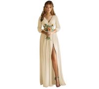 JAEDEN Abendkleider für Hochzeit Langarm Chiffon Brautjungfernkleider V-Ausschnitt Hochzeitsgast Kleid Champagner 34