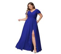 JAEDEN Abendkleider Lang Elegant Brautjungfernkleider Große Größen A-Linie Chiffon Hochzeitsgast Kleid Kurze Ärmel Königsblau 54