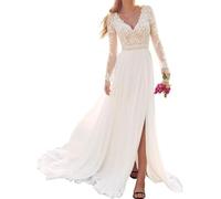 JAEDEN Boho Brautkleid Hochzeitskleid Damen Lang Spitzen Brautkleider Langarm Standesamtkleid Weiß 36