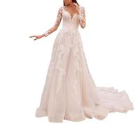 JAEDEN Brautkleid A-Linie Lang Spitze Standesamt Hochzeitskleid mit Ärmel Prinzessin Brautkleider Hochzeitskleider Weiß 36