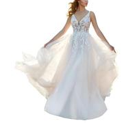 JAEDEN Brautkleid Damen Spitzen A-Linie Hochzeitskleid mit Tüll Prinzessin Brautmode Standesamtkleid Ärmellos V-Ausschnitt Elfenbein 44