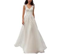 JAEDEN Brautkleid Damen Strand Boho Spitze Hochzeitskleid Ärmellos Chiffon Standesamtliche Trauung Kleider Elfenbein 48