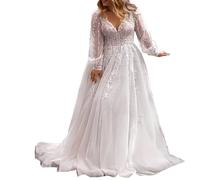 JAEDEN Brautkleid Große Größen mit Ärmel Damen Spitze Hochzeitskleider V-Ausschnitt Boho Brautkleider Standesamt Weiß 54