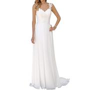 JAEDEN Brautkleid Lang Damen A Linie Hochzeitskleider Strand Spitze Chiffon V-Ausschnitt Elfenbein EUR44