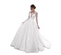 JAEDEN Brautkleid Lang Prinzessin Spitze Langarm Hochzeitskleid A-Linie Standesamtliche Trauung Kleid mit Schleppe Weiß 34
