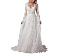 JAEDEN Brautkleid Langarm Hochzeitskleid Tüll Spitze V Ausschnitt BohoStandesamtkleid A-Linie Brautmode Weiß 50