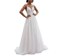 JAEDEN Brautkleider A-Linie Standesamt Hochzeitskleider Lang Spitze Boho Brautmode Weiß 42