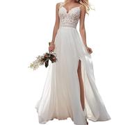 JAEDEN Brautkleider Damen Spaghettiträger Hochzeitskleid Boho Spitze Strand Braut Kleid A-Linie Standesamtkleid Elfenbein 44
