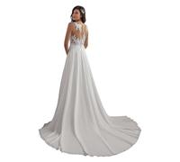 JAEDEN Brautkleider Damen V-Ausschnitt Boho Hochzeitskleid Strand Spitze Standesamtkleid Ärmellos Elfenbein 48