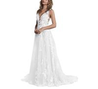 JAEDEN Brautkleider Hochzeitskleider Standesamt Damen Spitzen Lang Glitzer V-Ausschnitt Trauung Kleid Ärmellos Weiß 36