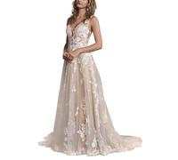 JAEDEN Brautkleider Hochzeitskleider Standesamt Damen Spitzen Lang Glitzer V-Ausschnitt Trauung Kleid Ärmellos Champagner 34