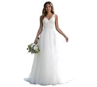 JAEDEN Brautkleider Lang Hochzeitskleider Damen Brautmode Tüll Spitze V-Ausschnitt A-Linie Standesamt Kleider Weiß 36
