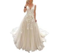 JAEDEN Brautkleider V-Ausschnitt Tüll Spitze Hochzeitskleider für Damen A-Linie Standesamt Kleid mit Schleppe Elfenbein 50