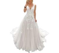 JAEDEN Brautkleider V-Ausschnitt Tüll Spitze Hochzeitskleider für Damen A-Linie Standesamt Kleider mit Schleppe Weiß 58