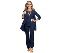 JAEDEN Brautmutter Anzug Chiffon 3 Teilig Hochzeitsgast Hosen Set Formell Mutter der Braut Hosenanzug Marine Blau 42