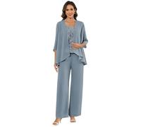 JAEDEN Brautmutter Hosenanzug für Hochzeit - Damen 3 Teilig Hochzeitsgast Festlich Hosenanzug mit Jacke Staubiges Blau 44