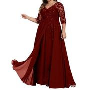JAEDEN Brautmutterkleider für Hochzeit Große Größen Langarm Abendkleider Spitze Appliques Formelle Hochzeitsgast Kleider Wein Rot 52