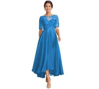 JAEDEN Brautmutterkleider für Hochzeit Wadenlang Spitze Abendkleider 1/2 Ärmel Festkleid Chiffon Hochzeitsgast Kleid Blau 46