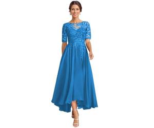 JAEDEN Brautmutterkleider für Hochzeit Wadenlang Spitze Abendkleider 1/2 Ärmel Festkleid Chiffon Hochzeitsgast Kleid Blau 46
