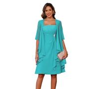 JAEDEN Brautmutterkleider mit Jacke Knielang Hochzeitsgast Kleider 2-Teiler Brautmutter Kleid Dunkle Aqua 46