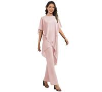 JAEDEN Chiffon 2 Teiler Hosenanzug Damen Halbarm Brautmutter Hosenanzug für Hochzeit Blush 48