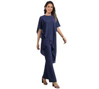 JAEDEN Chiffon 2 Teiler Hosenanzug Damen Halbarm Brautmutter Hosenanzug für Hochzeit Marineblau 44