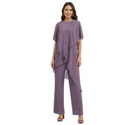 JAEDEN Chiffon 2 Teiler Hosenanzug Damen Halbarm Brautmutter Hosenanzug für Hochzeit Mauve 46