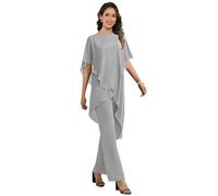 JAEDEN Chiffon 2 Teiler Hosenanzug Damen Halbarm Brautmutter Hosenanzug für Hochzeit Silber 54