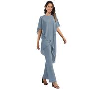 JAEDEN Chiffon 2 Teiler Hosenanzug Damen Halbarm Brautmutter Hosenanzug für Hochzeit Staubiges Blau 44