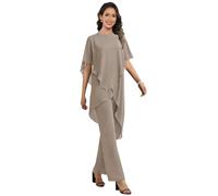 JAEDEN Chiffon 2 Teiler Hosenanzug Damen Halbarm Brautmutter Hosenanzug für Hochzeit Taupe 56